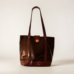 Brahmin Black Leather Tote with Brown Croc Embossed Trim
